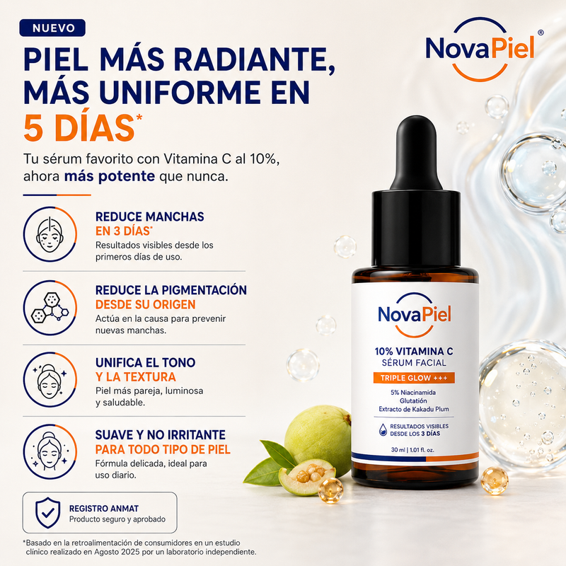 Sérum facial con 10% de vitamina C para un triple brillo+++