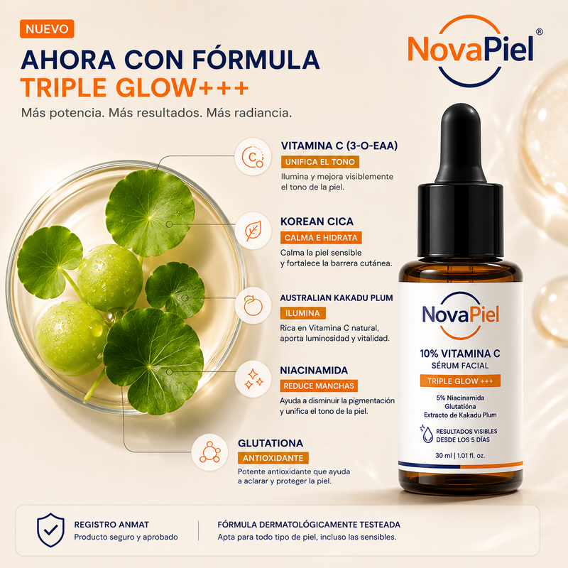 Sérum facial con 10% de vitamina C para un triple brillo+++